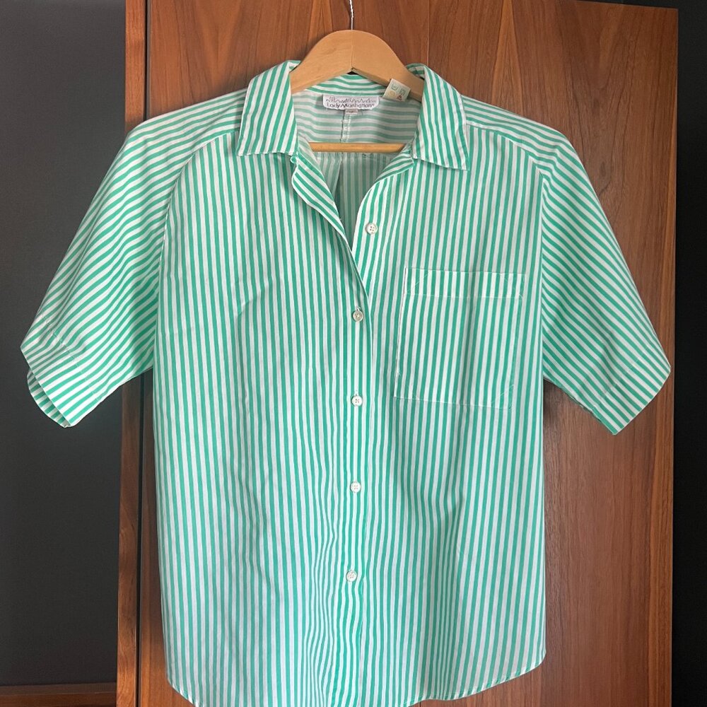 Lady Manhattan vintage green striped short sleeve button-down shirt
